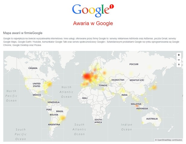 Awaria Google, źródło: downdetector.pl