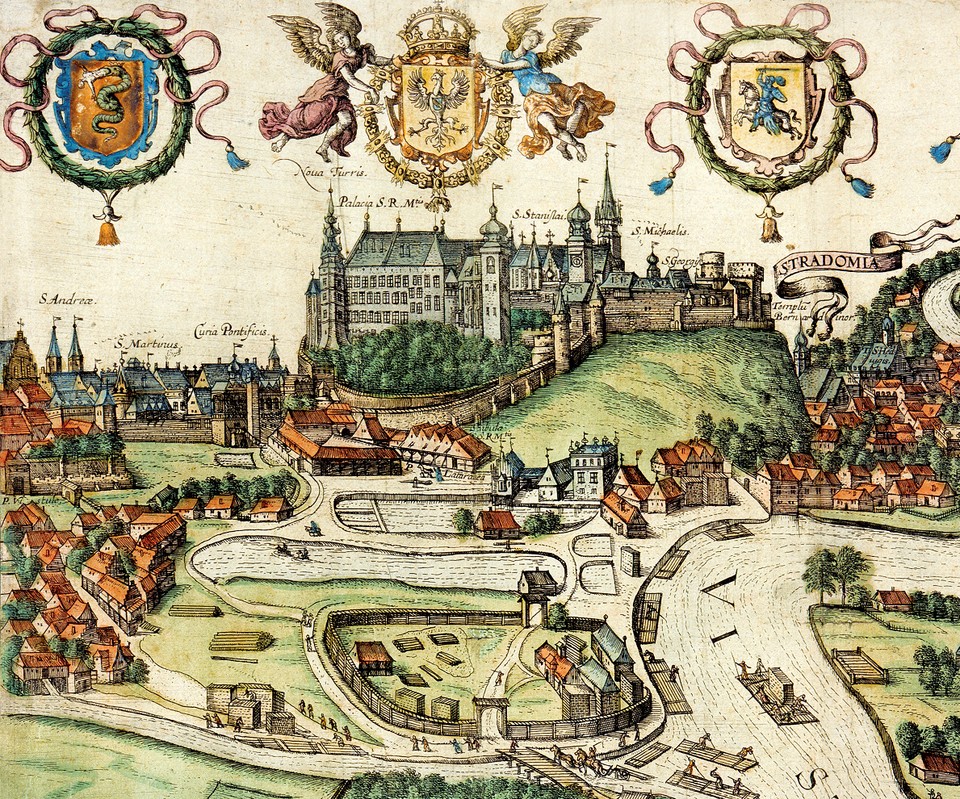 Wawel na widoku Krakowa, rycina w dziele G. Brauna i F. Hogenberda, Civitates Orbis Terrarum, rok 1617