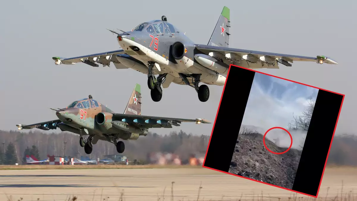 Rosyjski Su-25 zniszczony. Na zdjęciu widać ukraińskiego żołnierza strzelającego z systemu Piorun polskiej produkcji