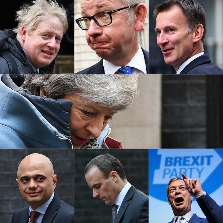 (L-D) Boris Džonson, Majkl Gouv, Džeremi Hant, Tereza Mej (C), Sadžid Džavid, Dominik Rab i Najdžel Faraž