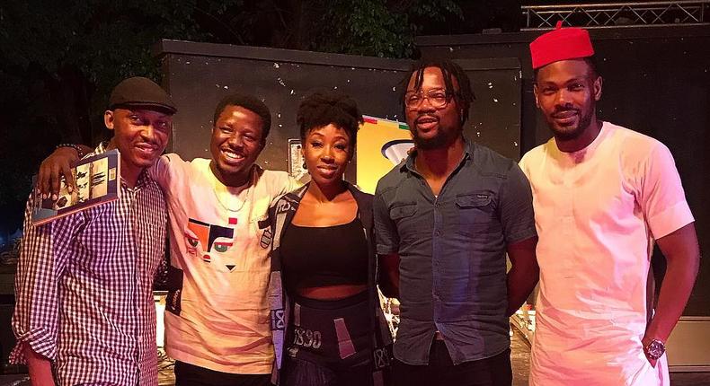 Daniel Effiong (far right) and Beverly Naya (middle) with Kunle Idowu (far left) at the opening of 2019 iREP film festival. [Instagram/etimeffiong]