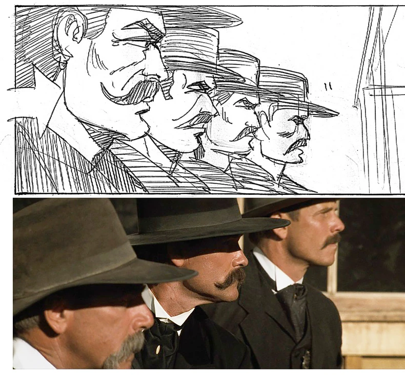 Storibord i scena iz filma "Tumstoun"