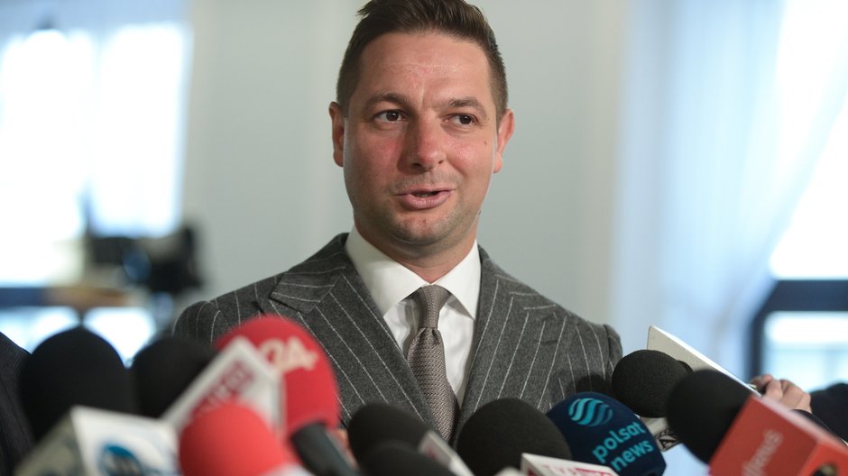 Patryk Jaki podczas konferencji prasowej. Warszawa, 2024 r.