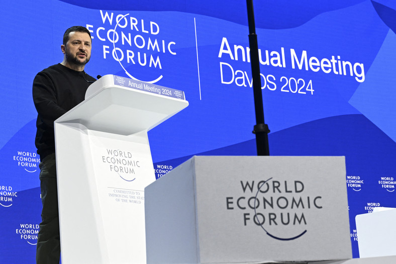 Wołodymyr Zełenski przemawia na Światowym Forum Ekonomicznym w Davos, 16 stycznia 2024 r.