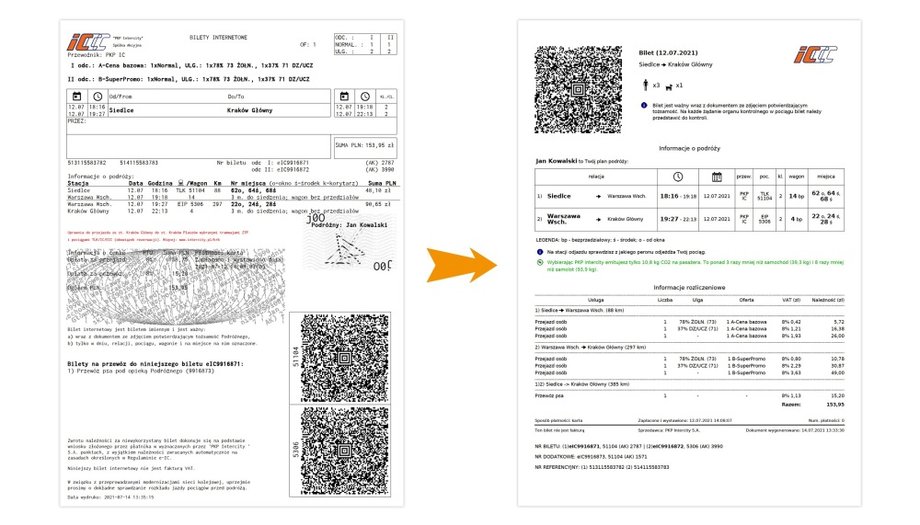 Stary i nowy bilet internetowy na przejazd pociągiem PKP Intercity. 