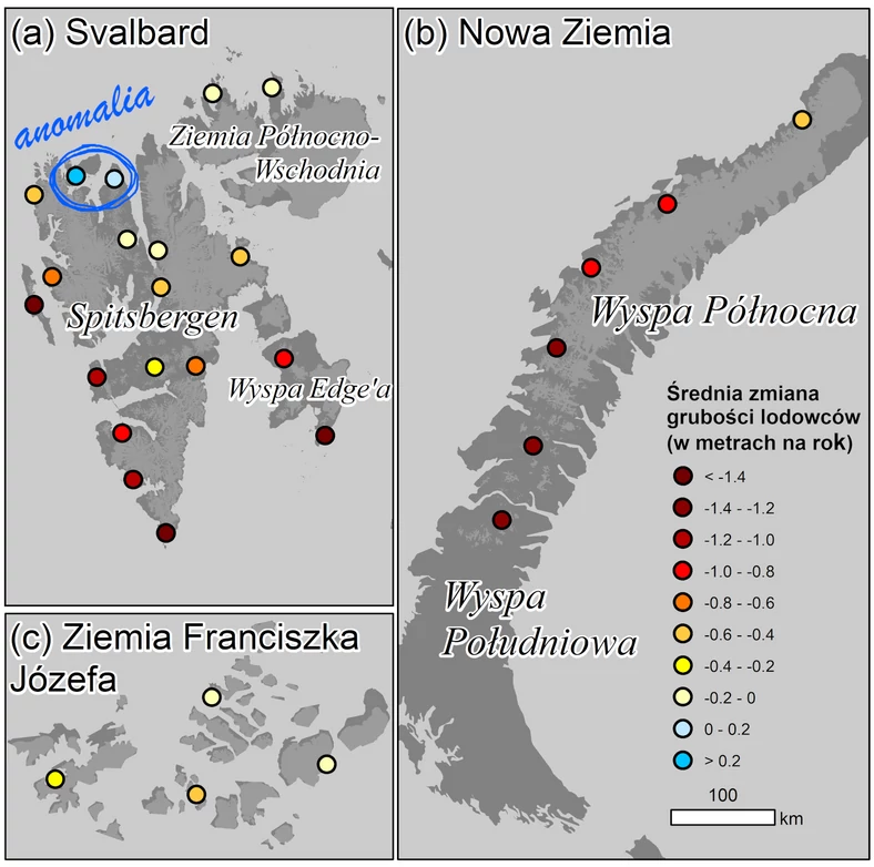 Maluchy tracą, ale nie wszędzie. Mapa lokalizacji w europejskiej Arktyce, które analizował dr Małecki. Jeśli punkt idzie w kolor bordowy, oznacza to straty grubości. Jeśli w niebieski - przyrost.