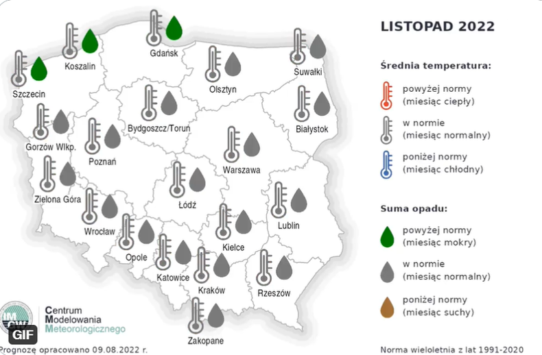 Prognoza temperatury i opadów na listopad