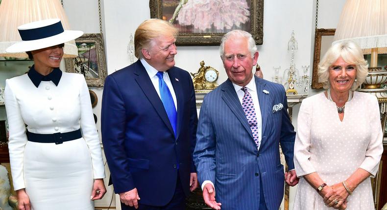 US President Donald Trump and his wife Melania, left, pose for a photo with Britain's Prince Charles and Camilla, the Duchess of Cornwall, at Clarence House in London on June 3, 2019.
