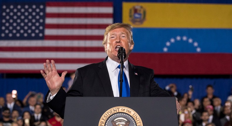 President Donald Trump speaks to a Venezuelan American community at Florida Ocean Bank Convocation Center at Florida International University in Miami, Florida, on Monday.