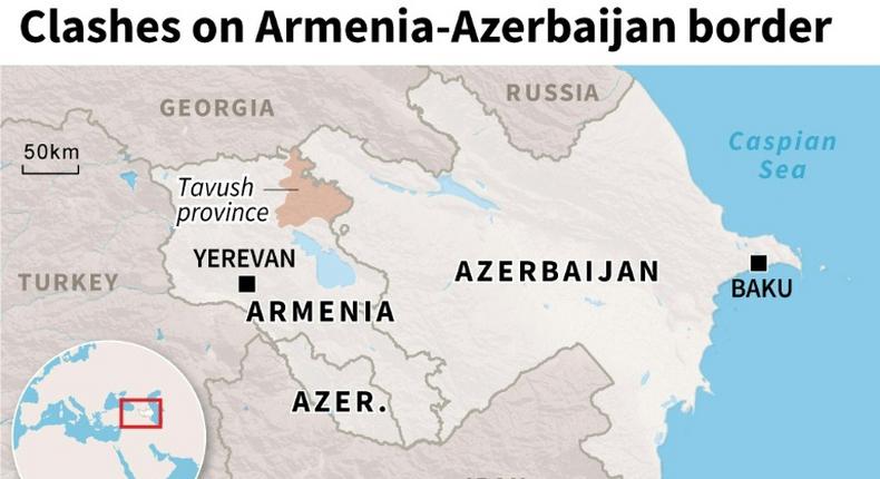 Map of Azerbaijan and  Armenia locating the Armenian province of Tavush where border clashes occurred