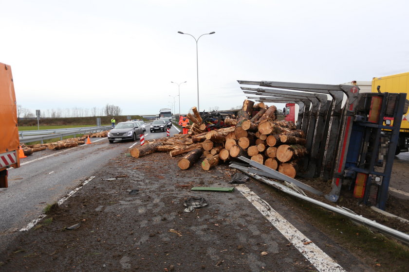 Tir roztrzaskał się o barierki. Drzewo wypadło na drogę