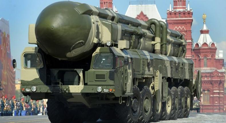 A Russian Topol-M intercontinental ballistic missile is driven through Red Square in Moscow in May 2009