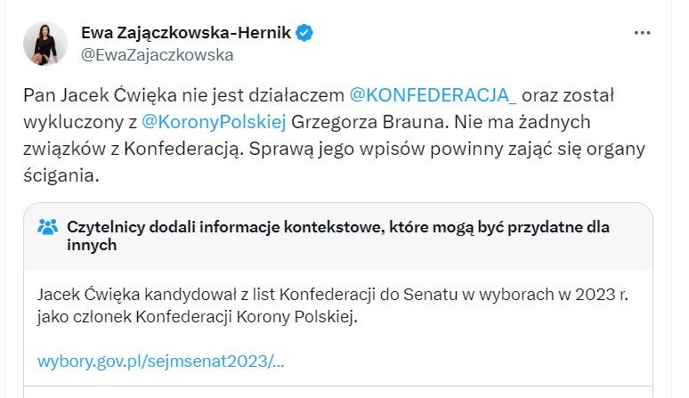 Wpis rzeczniczki Konfederacji z informacją kontekstową