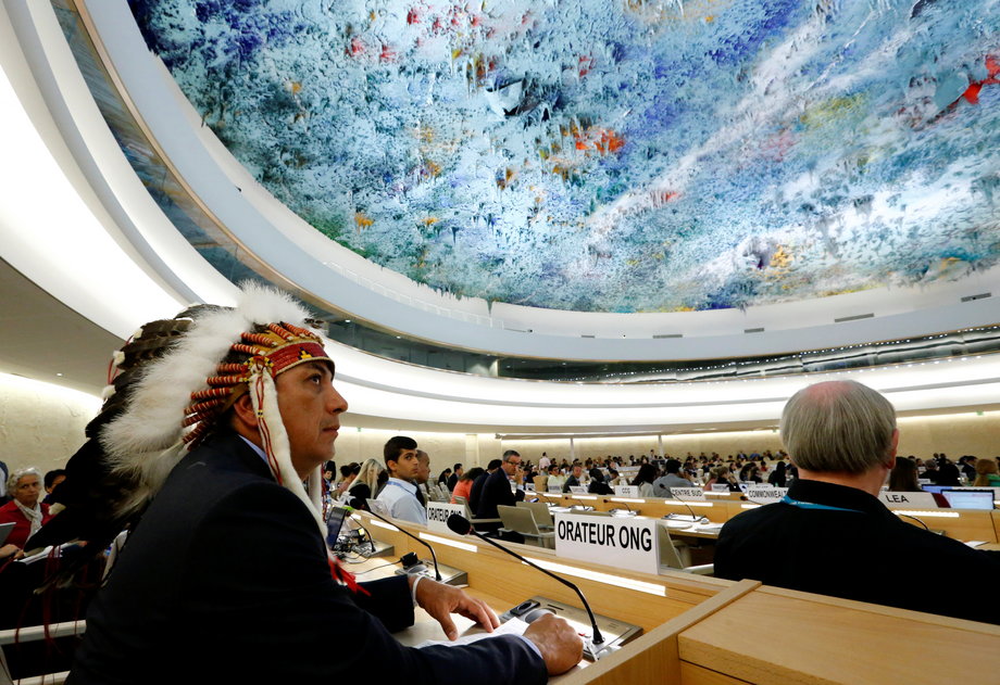 Dave Archambault II, the chairman of the Standing Rock Sioux Tribe, waiting to give a speech against the pipeline during the Human Rights Council at the UN in Geneva.