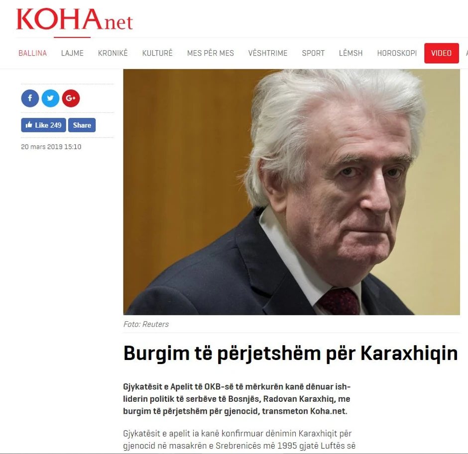 "Doživotna robija za Karadžića", piše kosovski Koha ditore