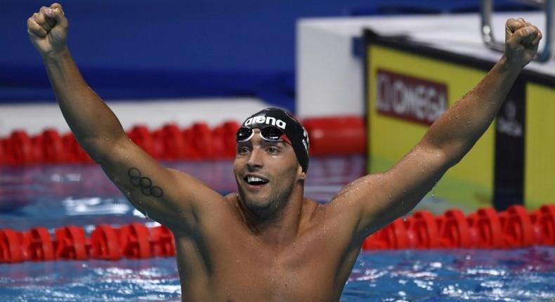 Italy's Gabriele Detti celebrates after winning the men's 800m freestyle final during the swimming competition at the 2017 FINA World Championships in Budapest, on July 26, 2017