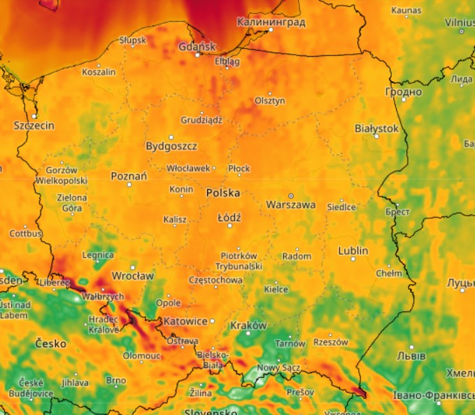 Porywy wiatru, 11.03. Pomarańczowe miejsca pokazują wiatr wiejący z prędkością od 70 km/h w górę