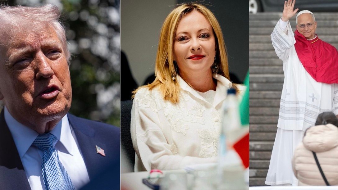 Americký prezident Donald Trump, talianska premiérka Giorgia Meloniová a Pápež Lev XIV.