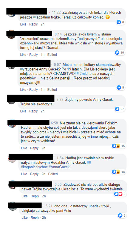 Komentarze na fanpage'u radiowej Trójki