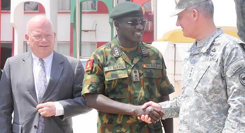 L-R: US Ambassador, James Entwistle, Chief of army staff Lt. Gen. Tukur Buratai and Commander, US Africom. Gen. David Rodriguez at the inauguration of US training assistance to selected units of the Nigerian Army.