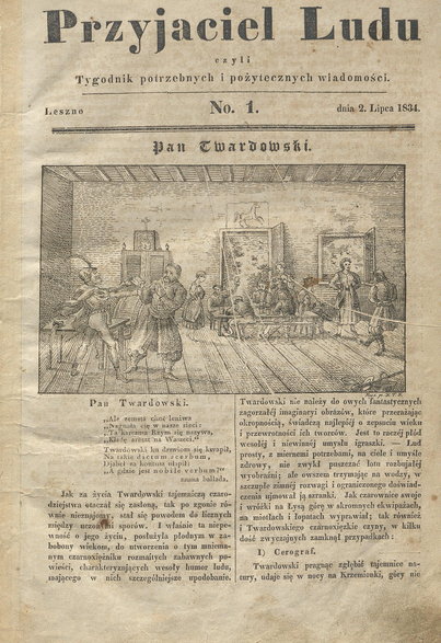 Pierwsza strona czasopisma „Przyjaciel Ludu czyli Tygodnik potrzebnych i użytecznych wiadomości” z 2 lipca 1834 r