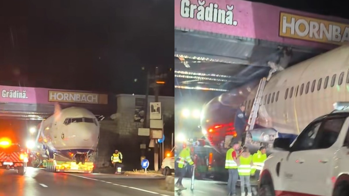 Cum a rămas un avion de pasageri uriaș blocat sub un pod, lângă București