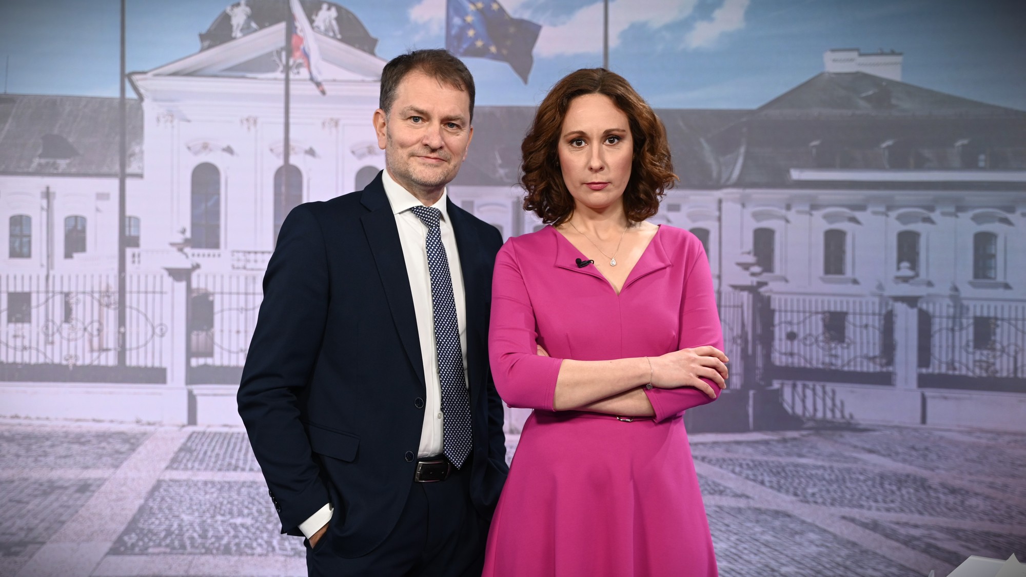 Igor Matovič a moderátorka Gabriela Kajtárová počas predvolebnej diskusie.