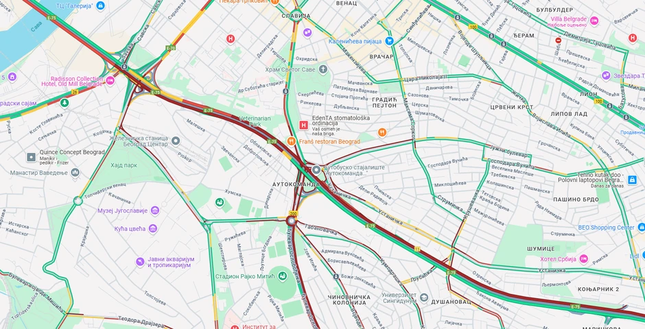 Mapa gužvi u Beogradu danas