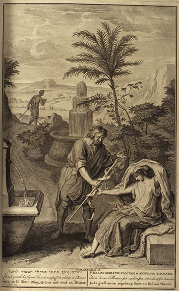 Tamar zwodzi Judę, ilustracja w Biblii (1728), Gerard Hoet (1648-1733)