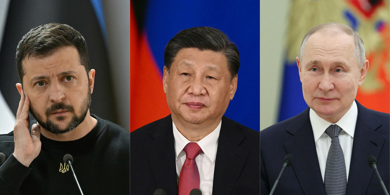 Zełenski (lewa, Xi (centrum), Putin (prawa)