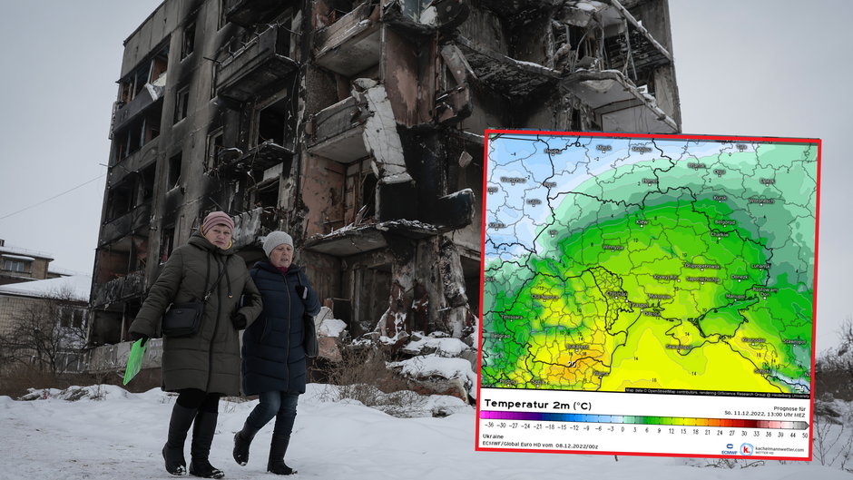 Ukrainki na tle zniszczonego bloku w Borodziance niedaleko Kijowa, 7 grudnia 2022 r. (mapa: kachelmannwetter.com)