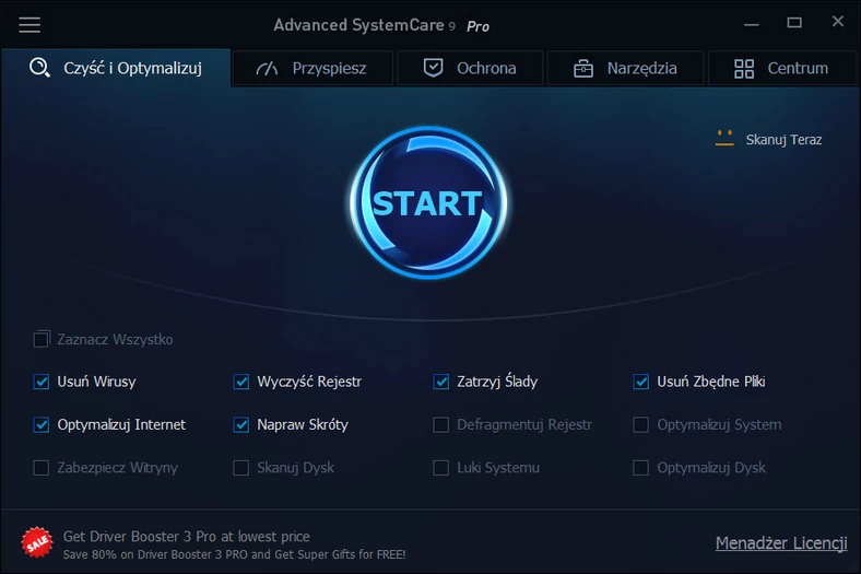 Główne okno programu do optymalizacji systemów operacyjnych Windows - Advanced SystemCare Pro
