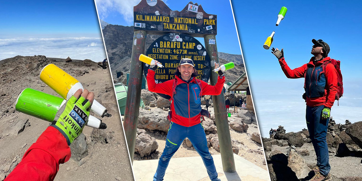 Krzysztof Drabik wszedł na Kilimandżaro, żonglując butelkami.