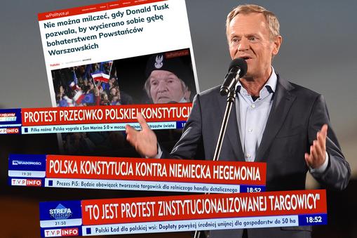 Donald Tusk podczas manifestacji na Placu Zamkowym w Warszawie. W tle nagłówki z prorządowych mediów