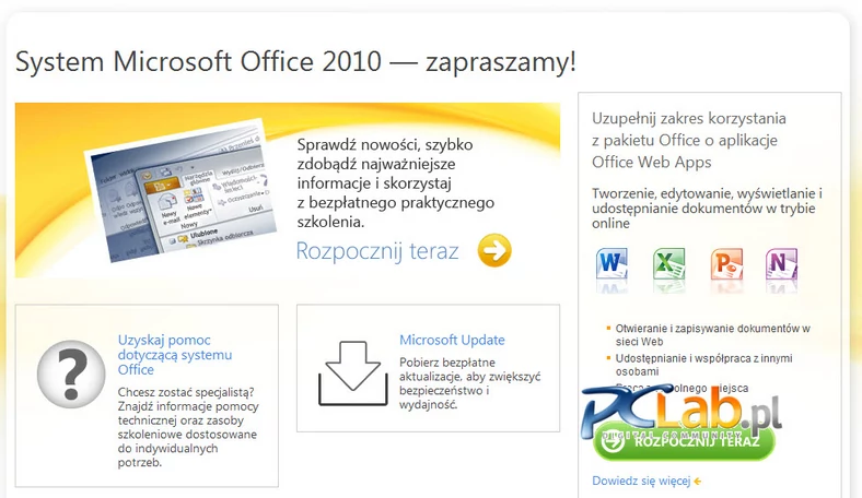 MS Office 2010 – standardowa strona online umożliwia dostęp do Office Web Apps (kliknij, aby powiększyć)
