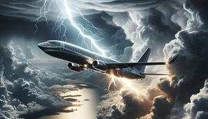 An AI generated scene depicting a commercial airplane being struck by lightning in the sky
