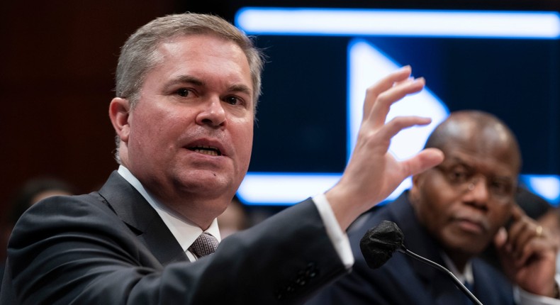 Deputy Director of Naval Intelligence Scott Bray (left) and Under Secretary of Defense for Intelligence and Security Ronald Moultrie, speak during a hearing on Capitol Hill about Unexplained Aerial Phenomena