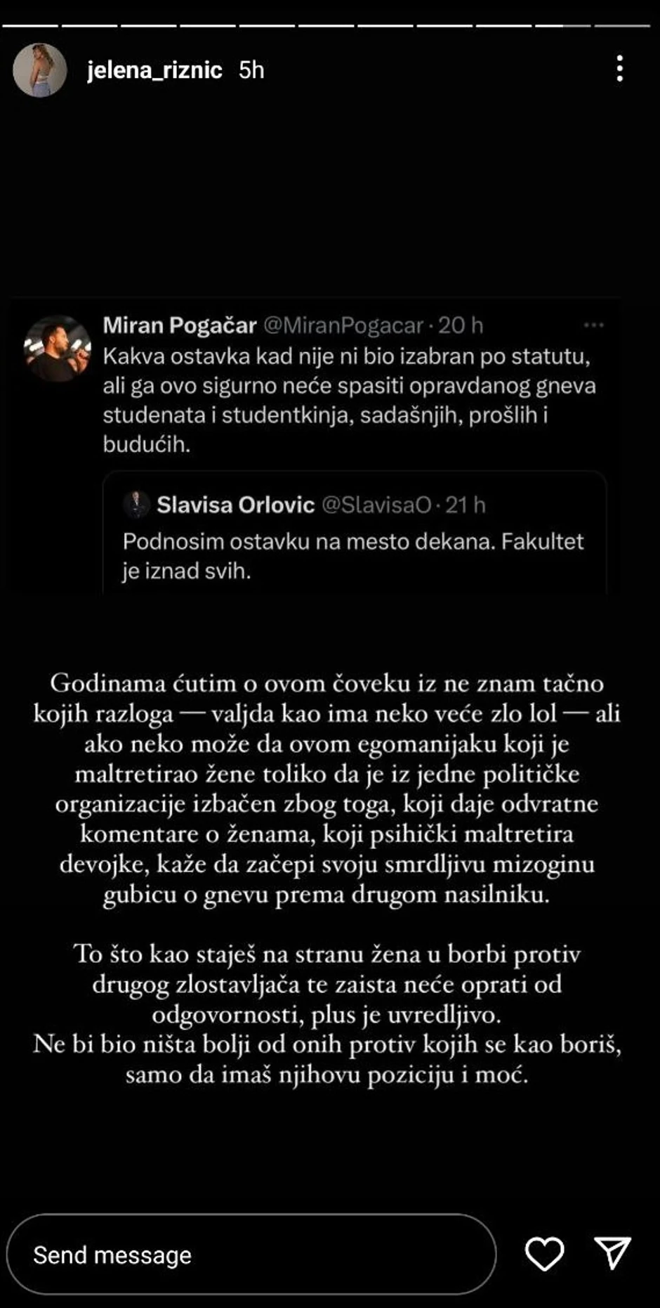 Jelena Riznić optužila je Mirana Pogačara da je, kako kaže, maltretirao toliko žene da je "izbačen iz jedne političke organizacije"