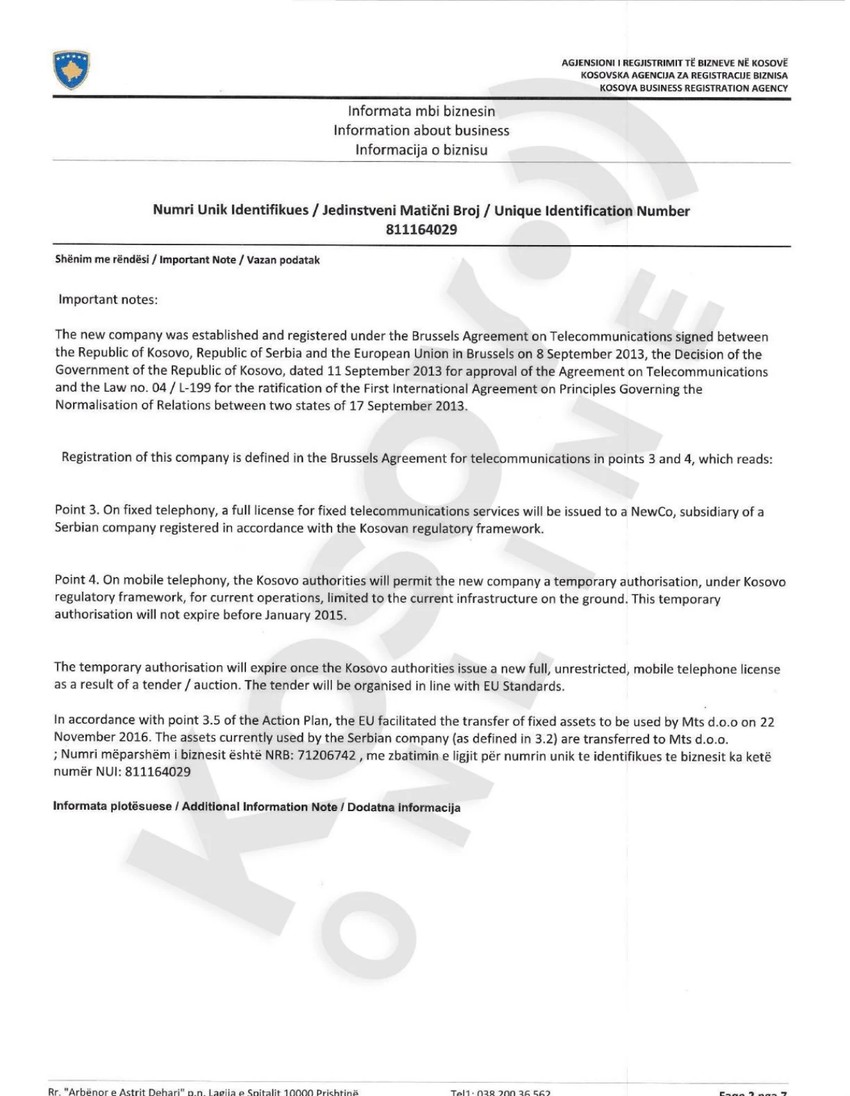 Zvanična prištinska dokumenta koja dokazuju da je MTS poslovao po svim procedurama