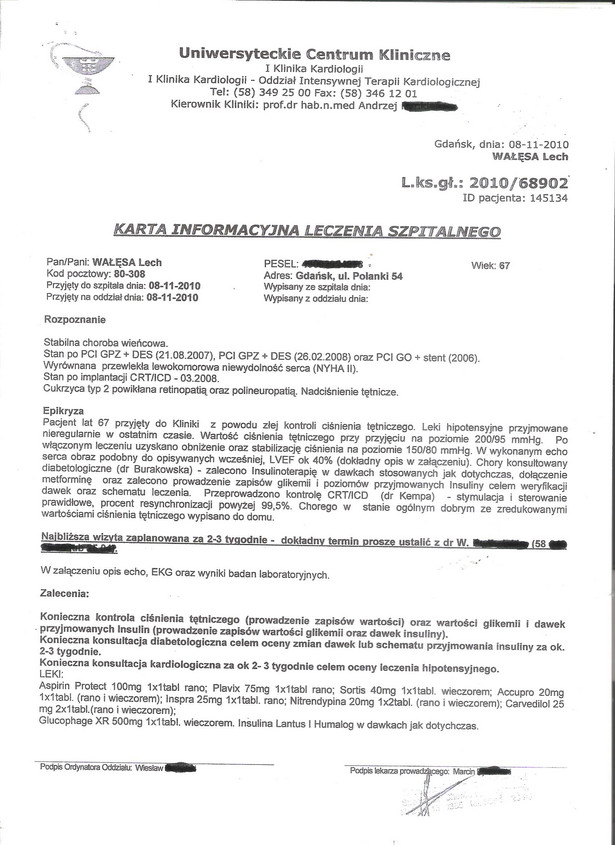 Karta informacyjna ostatniego leczenia szpitalnego Lecha Wałęsy. Źródło: Profil Lecha Wałęsy na Blipie