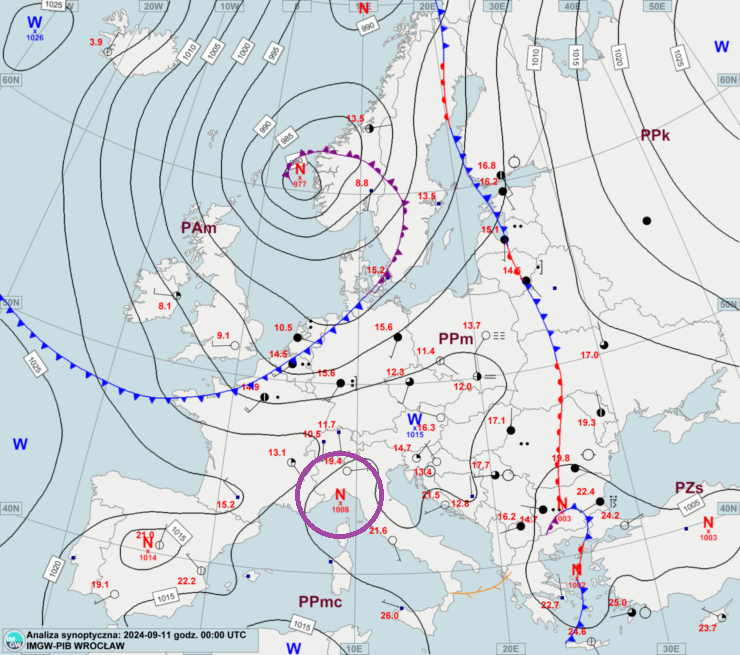 Niż genueński był już obecny na północy Włoch w ubiegłą środę, 11 września