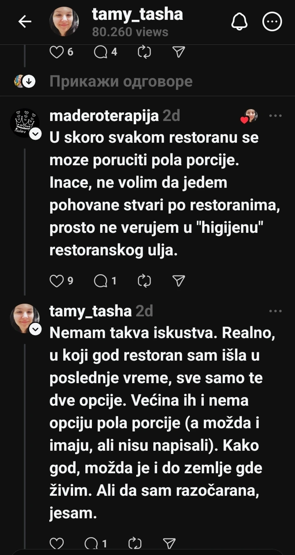 "U svakom restoranu se može naručiti pola porcije..."