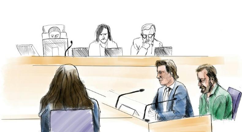 A court sketch by artist Johan Hallnas shows the defendant Daniel Nyqvist (front right), accused of committing a double murder in 2004