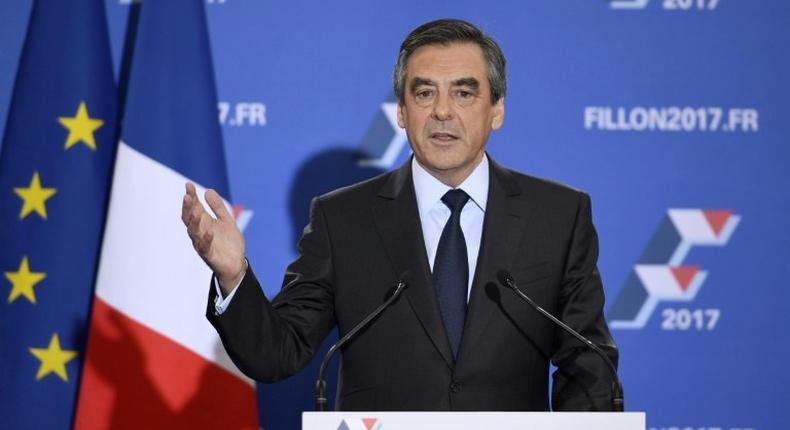 Ahead of France's 2017 presidential elections, Right-wing primaries candidate, Francois Fillon delivers a speech following the first results of the primary's second round on November 27, 2016