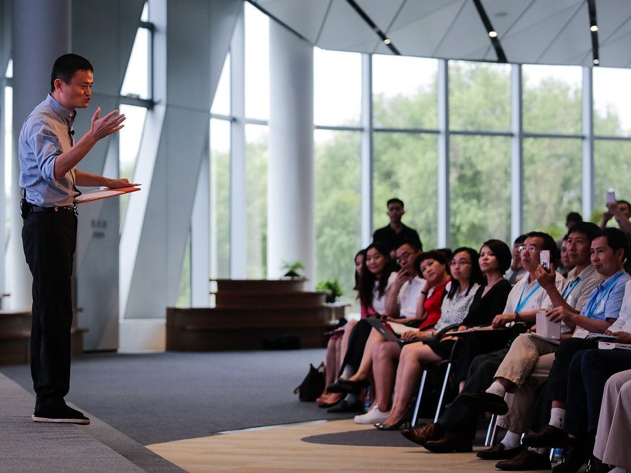 Ma speaks to his employees in Hangzhou, China.