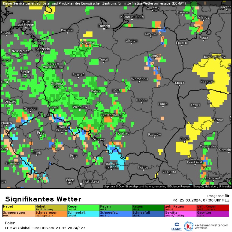 Oprócz deszczu będzie padał też deszcz ze śniegiem (kolor pomarańczowy), a nawet śnieg (kolor niebieski)