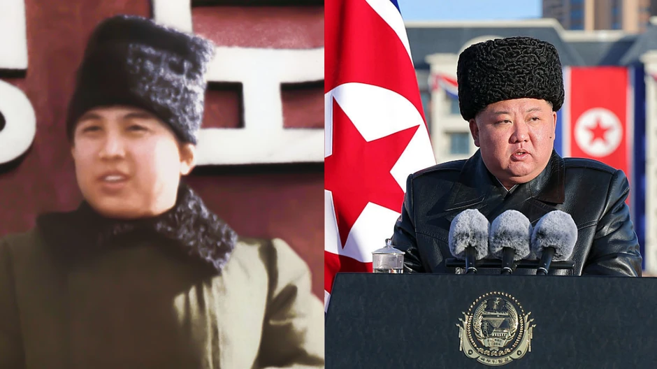 Tokom govora 2026. godine, Kim Džong Un (desno) nosio je krznenu kapu veoma sličnu onoj koju je njegov deda imao na vojnoj paradi u Pjongjangu u februaru 1948. godine | Foto: Getty Images