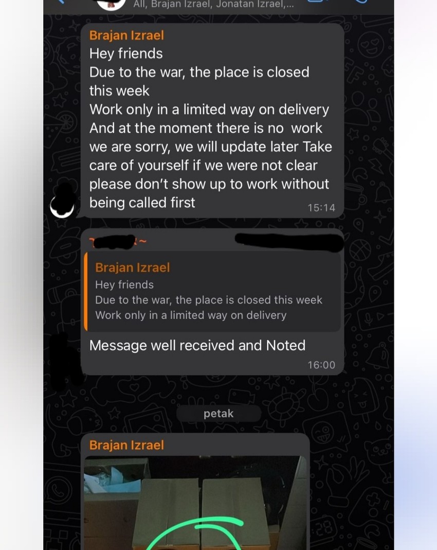 Upozorenje od rukovodstva restorana u Tel Avivu za radnike da ne dolaze na posao 