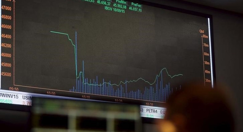 A man looks at an electronic board showing the graph of the recent fluctuations of market indices of Bovespa (Sao Paulo Stock Exchange) in downtown Sao Paulo, Brazil, September 10, 2015. REUTERS/Paulo Whitaker