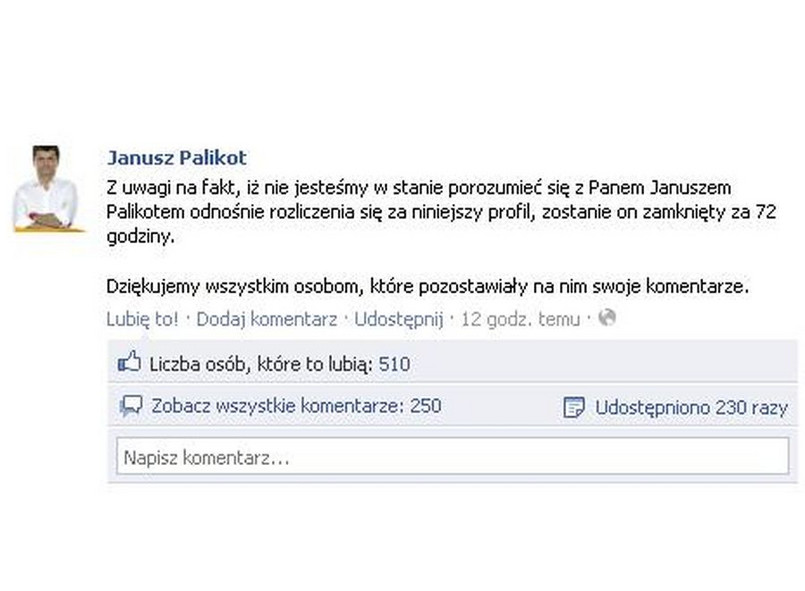 Wpis, jaki pojawił się na profilu Janusza Palikota na Facebooku